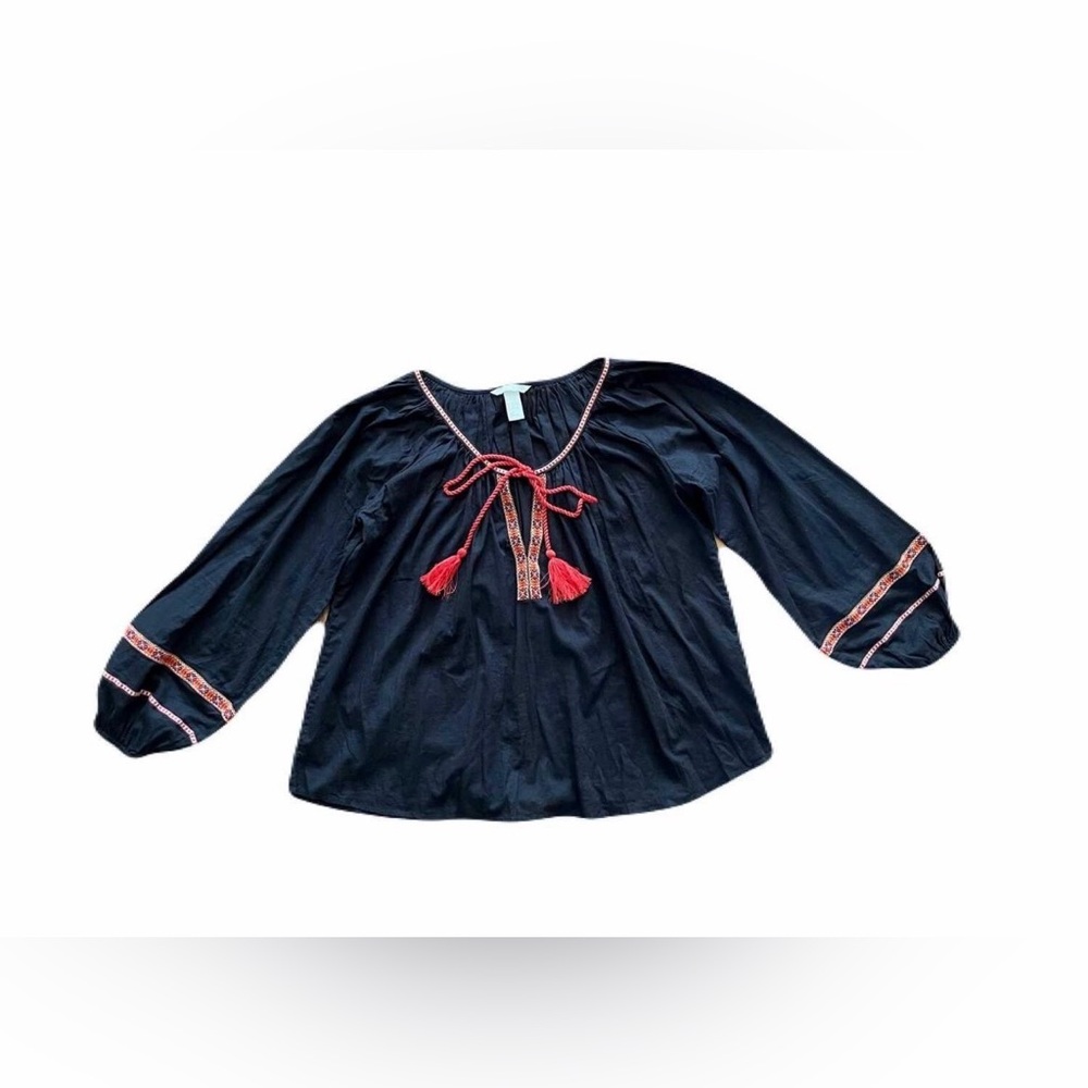 H&M women’s 6 peasant blouse, embroidered boho, tassel black